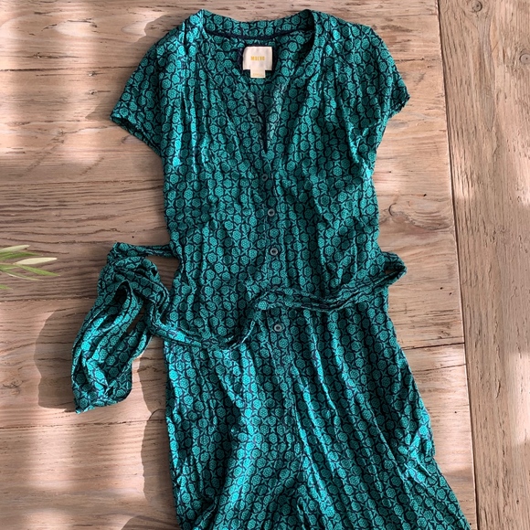 Anthropologie Maeve blue Green Geoscope button up belted Jumpsuit - Picture 2 of 9